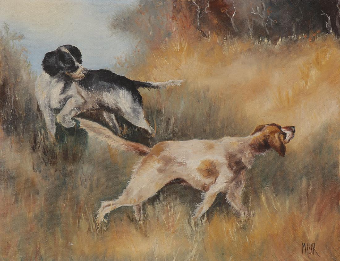 BRITTANY SPANIELS ON POINT: BRITTANY SPANIELS ON POINT. A lovely original oil on canvas painting of a pair of Brittany Spaniels, one on point and one honoring. Oil on canvas, artist signed lower left MUIR. 11 inches x 14 inches.