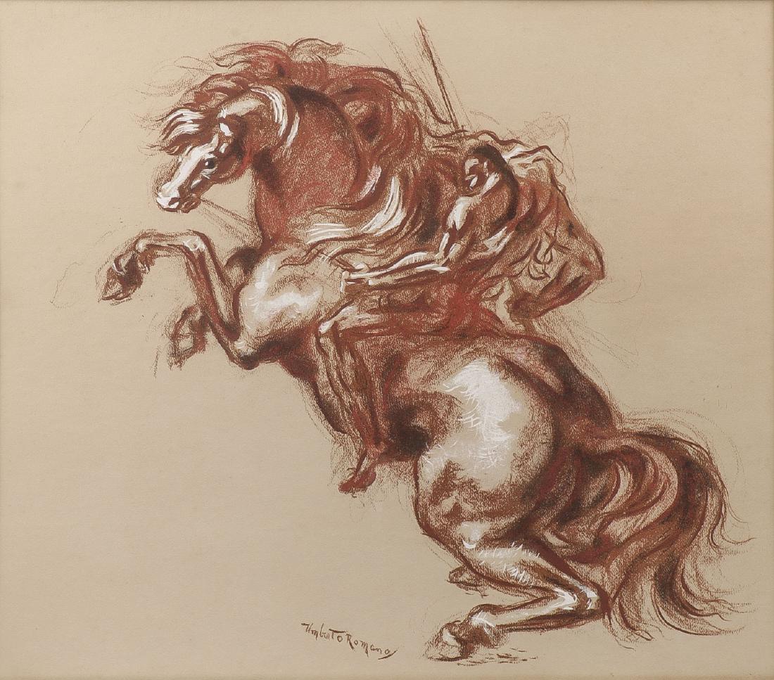 GREAT SIGNED ORIGINAL EQUESTRIAN ART: UMBERTO ROMANO (Italian 1905-1984)Warrior on Rearing Stallion Pastel and Gouache on paper Signed lower center19 inches x 22 inches (48.3 x 55.9 cm) SHIPPING NOTICE:</