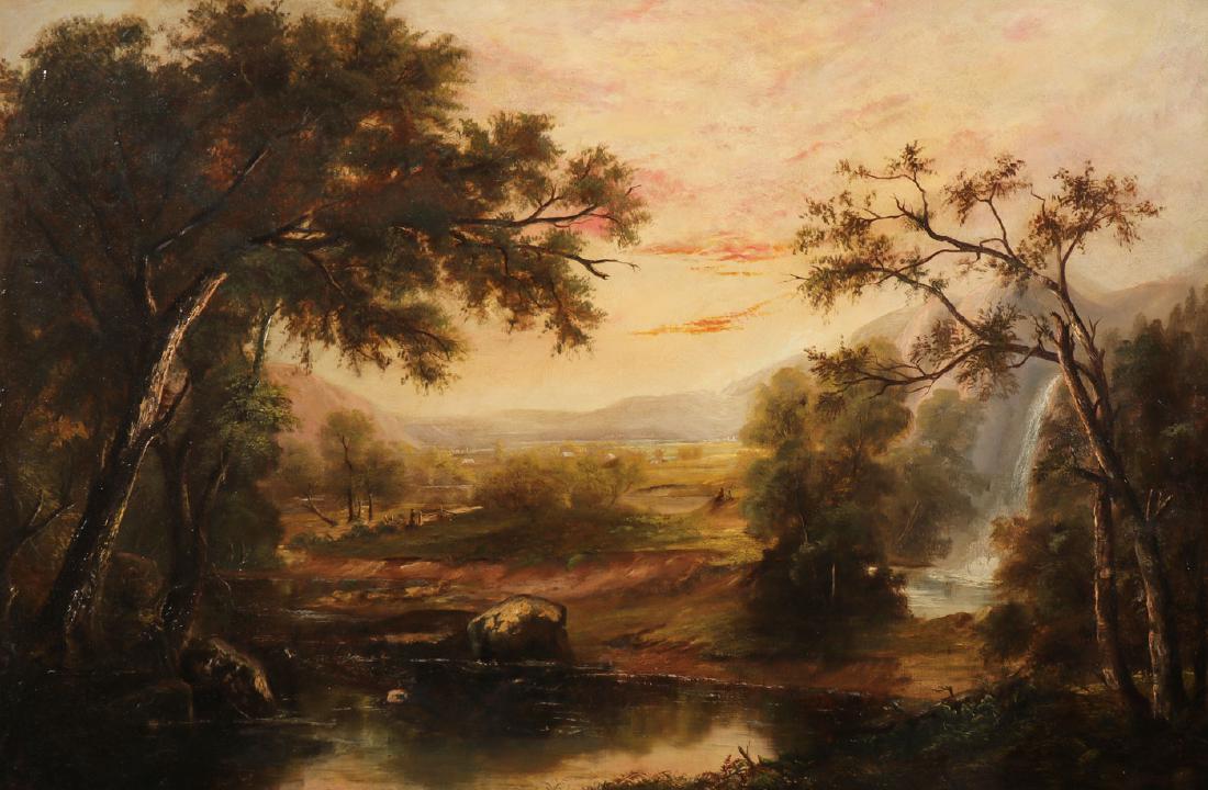 GREAT 19TH C. HUDSON RIVER SCHOOL: JAMES WILKINS (English/American 1808-1888) Expansive Landscape Oil on canvas mounted on board Signed lower right 30 inches x 45 inches (76.2 x 114.3 cm) SHIPPING NOTICE:</