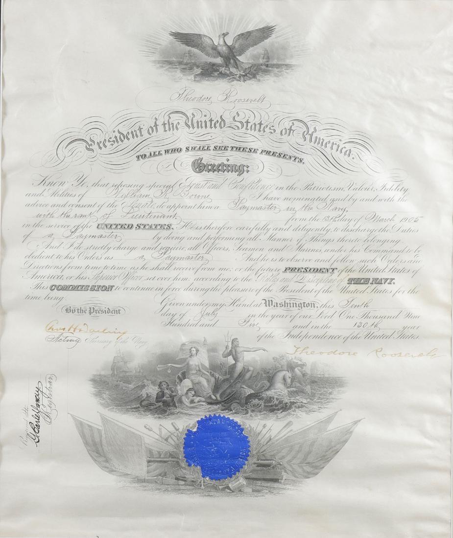 A THEODORE ROOSEVELT SIGNED APPOINTMENT: A THEODORE ROOSEVELT SIGNED APPOINTMENT. Comprising a typical large ornate, parchment Naval appointment with finely engraved spread winged eagle at top, Naval imagery and seal at the bottom, being an 