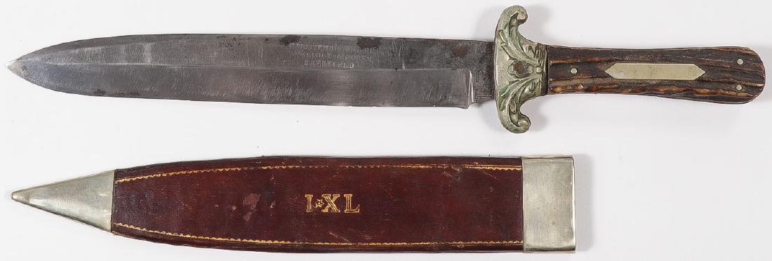 WOSTENHOLM & SON SPEAR-POINT STAG HANDLE BOWIE: NICE WOSTENHOLM & SON SPEAR-POINT STAG HANDLE BOWIE. 8-inch spear point-blade, stamped "G WOSTENHOLM & SON, WASHINGTON WORKS, SHEFFIELD" and the Wostenholm trademark “I*XL” on 