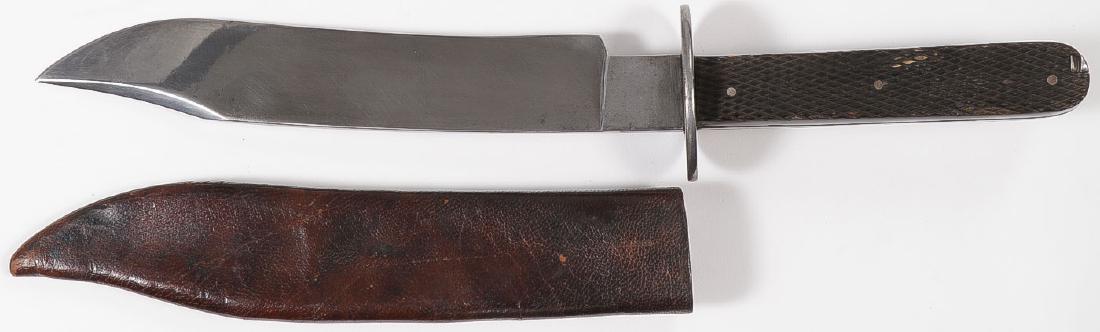 INTERESTING LARGE BOWIE KNIFE & SHEATH: INTERESTING LARGE BOWIE KNIFE & SHEATH. 7.5-inch clipped-point blade in high polish, oval guard and checkered horn grip scales. The pommel of grip set with two instruments, an awl or lancet an