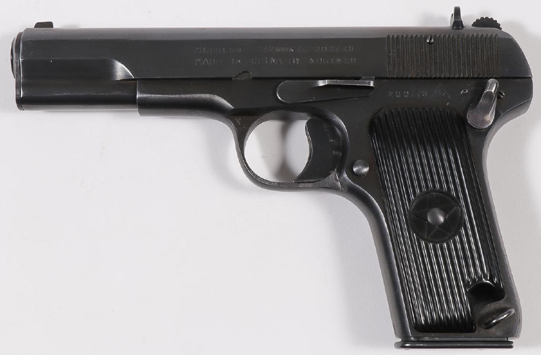 CHINESE NORINCO 7.62 MODEL 54 SEMI-AUTO PISTOL: CHINESE NORINCO 7.62 MODEL 54 SEMI-AUTO PISTOL. Serial number 200778, blue finish, ribbed plastic “star” grips, two magazines and leather holster, magazine pouches and cleaning rod. Requires a