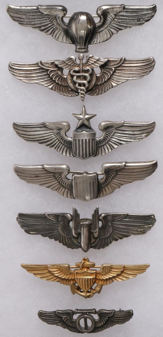 U.S. STERLING WINGS: U.S. STERLING WINGS. From top to bottom comprising a pair of three-inch sterling N.S. Meyer marked balloon pilot wings, a pair of three-inch sterling N.S. Meyer marked Flight Surgeon wings, mi