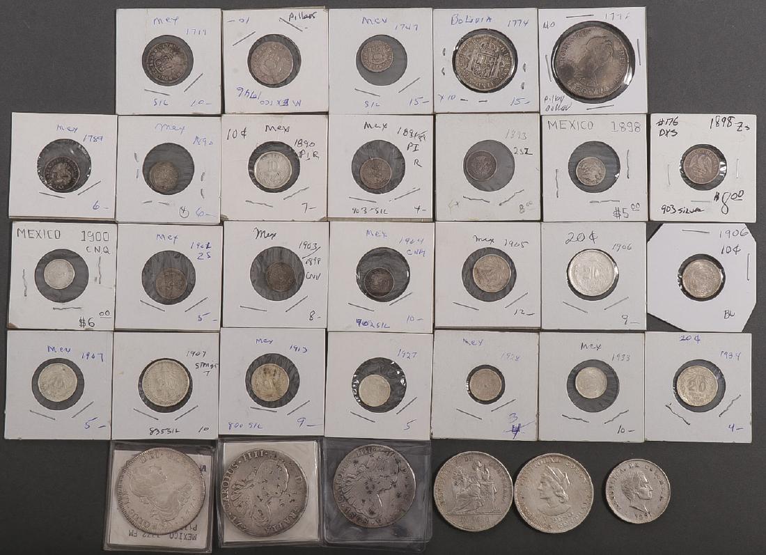 32 CENTRAL & SOUTH AMERICAN SILVER PIECES: 32 CENTRAL & SOUTH AMERICAN SILVER PIECES. Comprising three Mexican 8-reales specimens dates ranging from 1772 to 1808, a 4-reales specimen dated 1776, a 2-reales specimen dated 1774, a 19