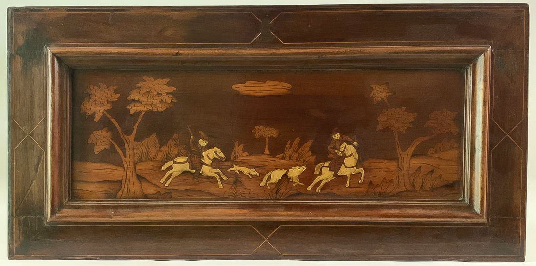 A BEAUTIFUL INLAID 18TH C. WOOD SPORTING PLAQUE: A BEAUTIFUL INLAID 18TH C. WOOD SPORTING PLAQUE Comprising an exotic rectangular wood plaque with inlaid renaissance hunting scenes with raised border and inlaid margins. 13.5 inches x 27.5 inches. SH