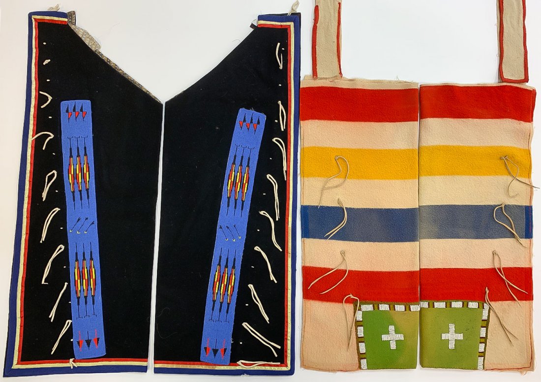 A PAIR OF PLAINS MEN’S BEADED LEGGINGS C. 1940’S: A PAIR OF PLAINS MEN’S BEADED LEGGINGS C. 1940’S. Comprising a very finely sewn pair in blue trade cloth with multi colored silk ribbon edging, the interior lined in printed calico floral pattern,