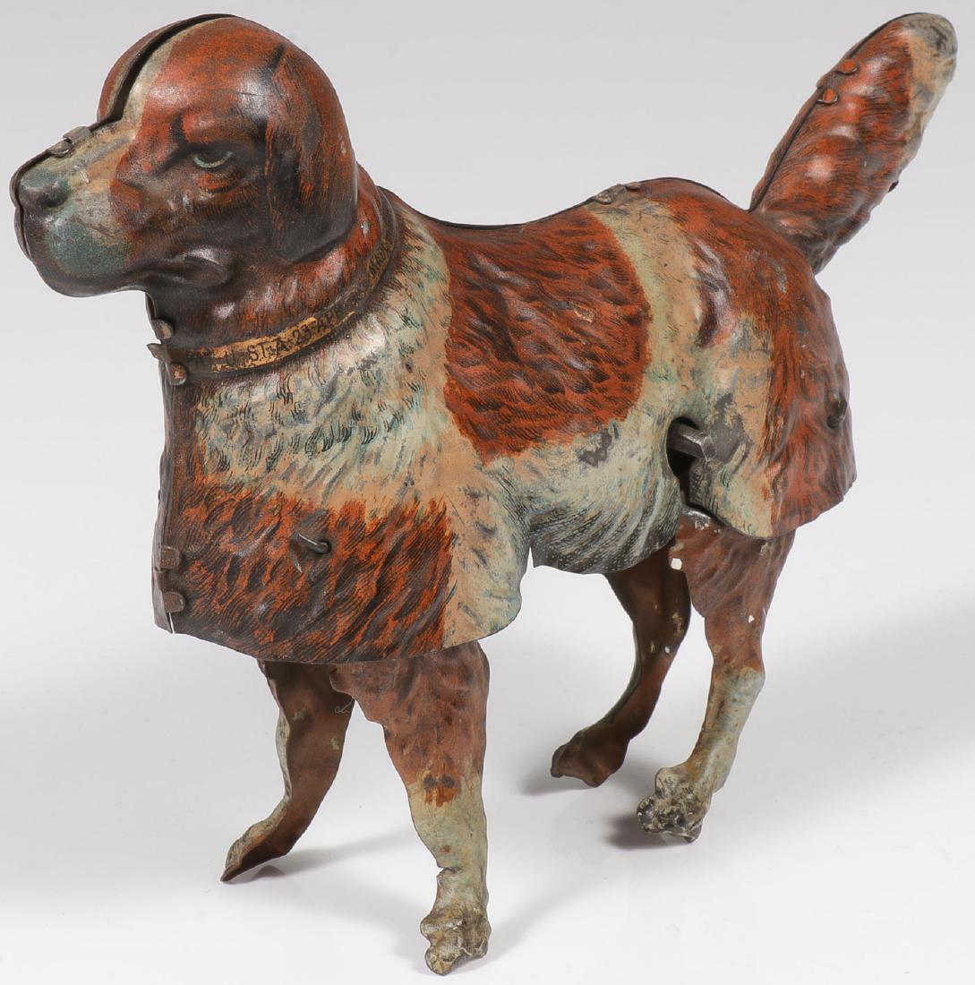 A GERMAN LEHMANN TIN WIND-UP TYRAS DOG: A GERMAN LEHMANN TIN WIND-UP TYRAS DOG. Comprising a good Lehmann clockwork key wind walking dog with great molded fur and good lithography. Appears entirely complete and intact but over-wound