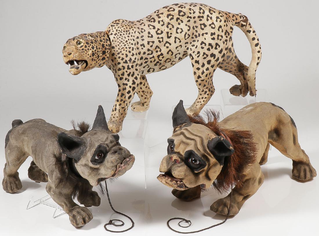 THREE LARGE VINTAGE FRENCH PAPIER-MACHE ANIMALS: THREE LARGE VINTAGE FRENCH PAPIER-MACHE ANIMALS. Comprising a large and scarcely encountered leopard with nodding head set with glass eyes and articulating mouth, length 26 inches. Together with t
