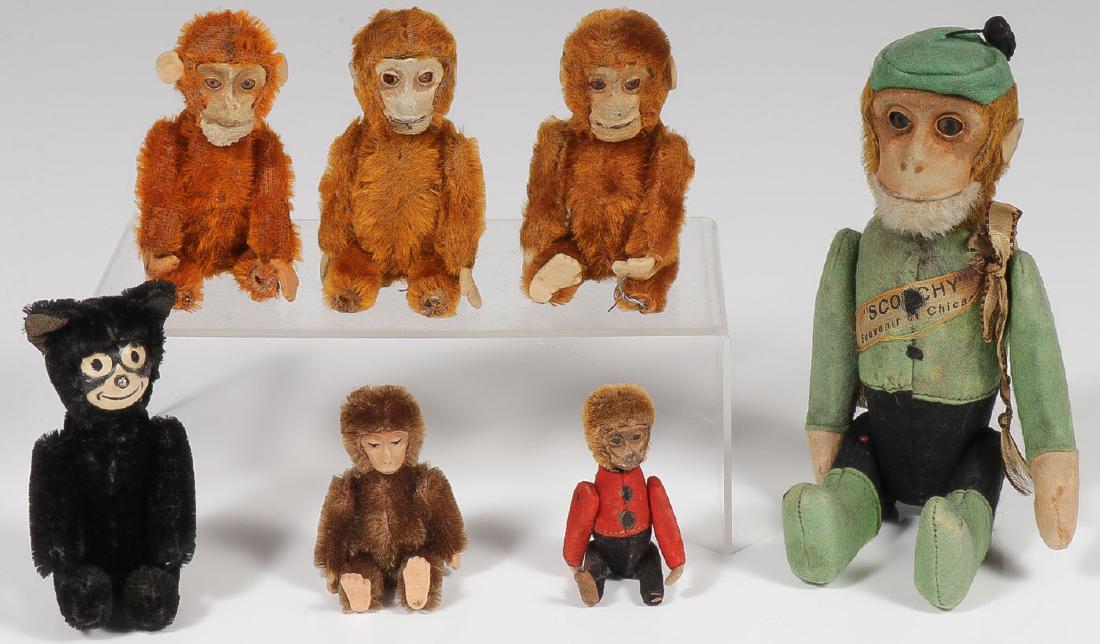 7 SCHUCO MOHAIR PERFUMES & COSMETICS: 7 SCHUCO MOHAIR PERFUMES & COSMETICS. Comprising a large felt covered Schuco monkey flask, with sash embroidered "SCOOCHY", souvenir of Chicago, height 8 inches, together with a scarce Schuco