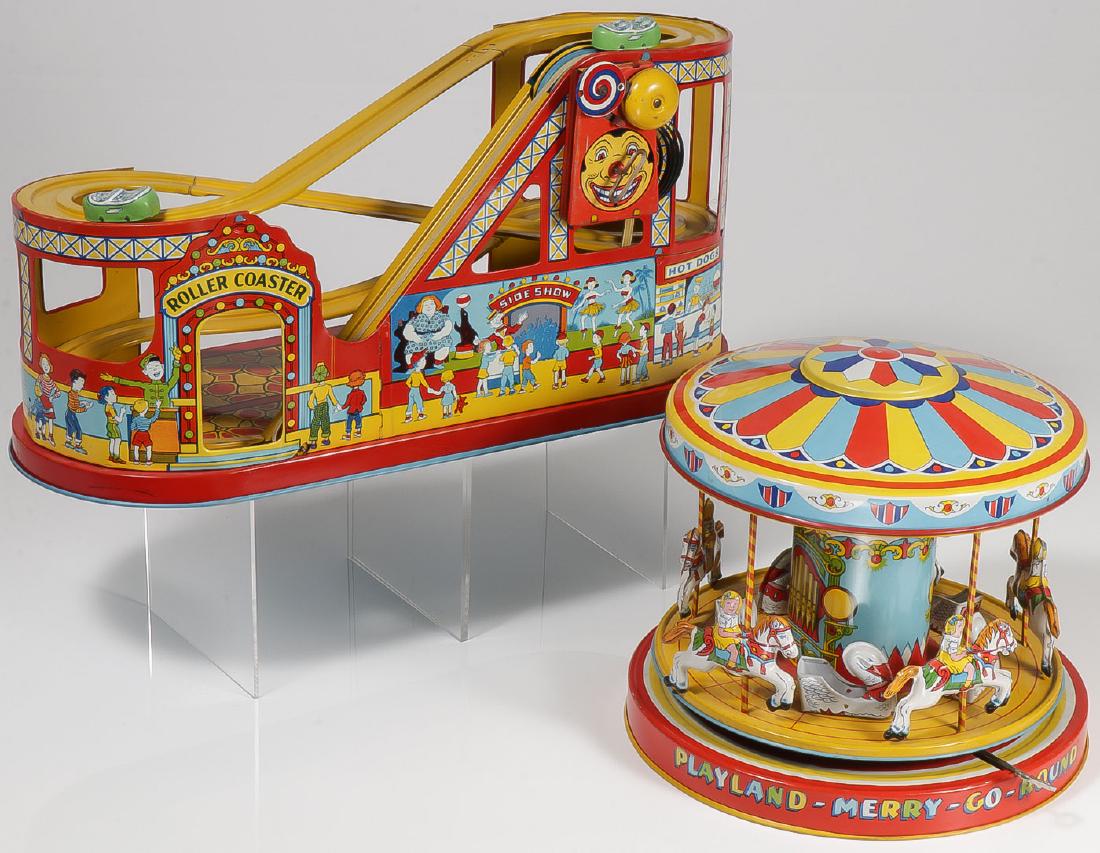 A PAIR OF CHEIN TIN LITHO WIND-UPS, W/BOX: A PAIR OF CHEIN TIN LITHO WIND-UPS, W/BOX. Comprising a No. 275 Roller Coaster, complete and in good working order with excellent original box. Together with a No. 385 wind-up Merry-Go-