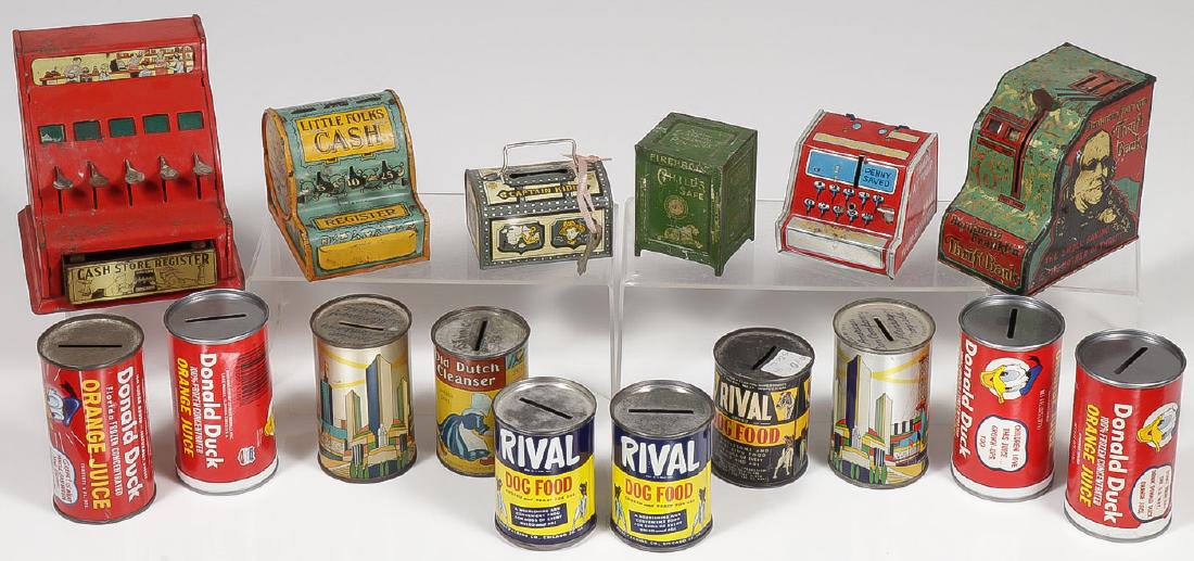 12 TIN LITHOGRAPH BANKS, MOSTLY ADVERTISING: 12 TIN LITHOGRAPH BANKS, MOSTLY ADVERTISING. Comprising a Girard tin litho Benjamin Franklin Thrift Bank (missing side door), a tin litho nursery rhyme Humpty Dumpty Little Folks Cash Register, a Marx