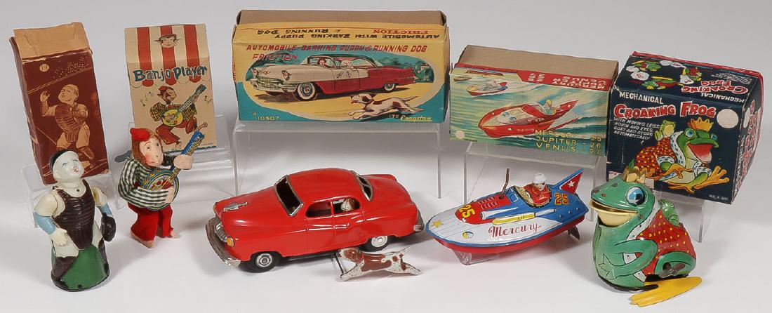 FIVE BOXED VINTAGE TOYS: FIVE BOXED VINTAGE TOYS. Comprising a good Occupied Japan celluloid wind-up Looping Catcher with box, a made in Occupied Japan key wind felt and tin Banjo Player monkey in original box, a Cragstan