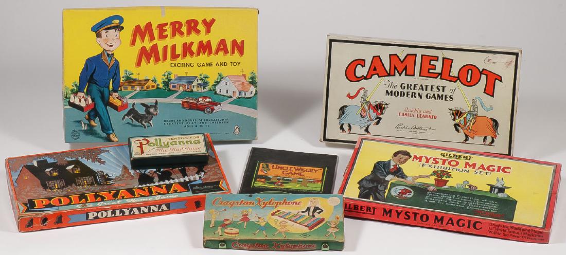 VINTAGE BOARD GAMES & MAGIC SET: VINTAGE BOARD GAMES & MAGIC SET. Comprising Hasbro's Merry Milk Man, Parker Brother's Pollyanna, a Gilbert Mysto Magic set, an additional set of utensils for Pollyanna, a Cragstan Xylophone, a