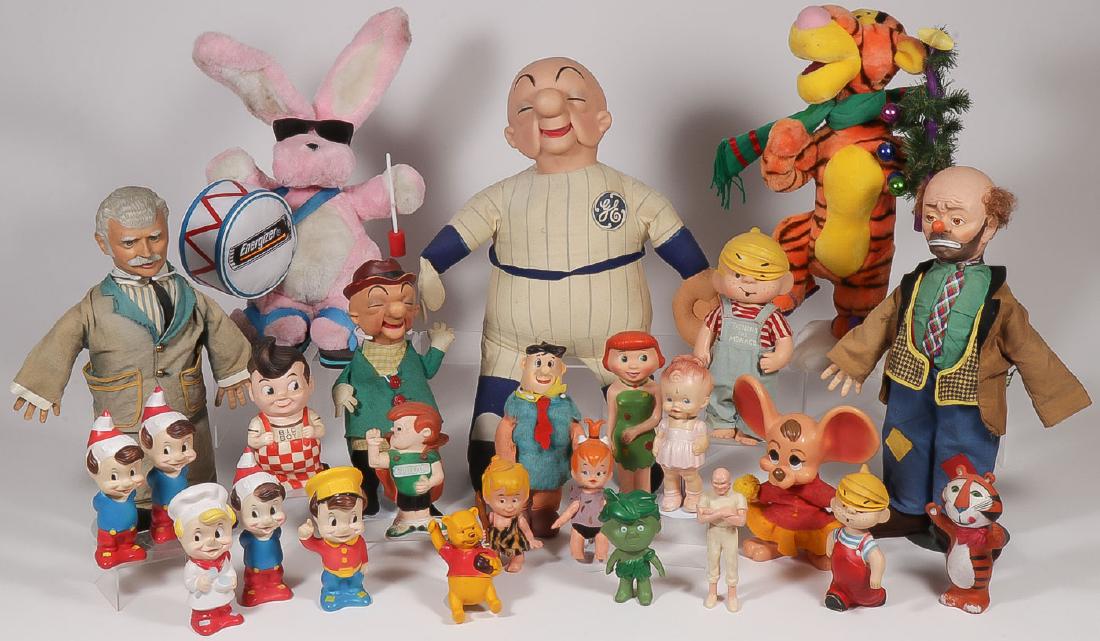 OVER 40 CHARACTER & ADVERTISING DOLLS: OVER 40 CHARACTER & ADVERTISING DOLLS. Comprising a large Mr. Magoo General Electric cloth, felt, and vinyl doll (27 inches), an Emmett Kelly's Willie the Clown by Baby Barry Toy Company (21 inche