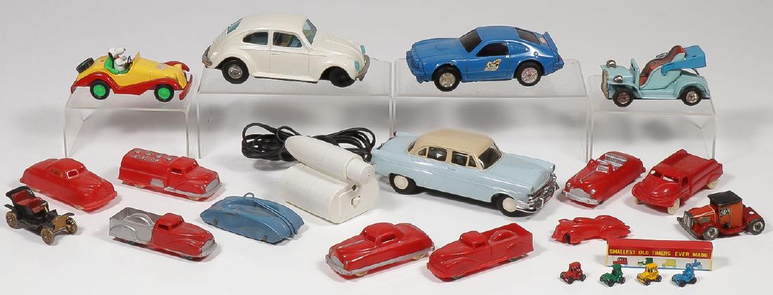 15 VINTAGE TOY VEHICLES: 15 VINTAGE TOY VEHICLES. Comprising a mid-1950's AMT battery-operated promotional sedan, a Bandai tin Volkswagen Beetle, a Tonka friction Mustang, a Marx tin friction "Antique Automobi
