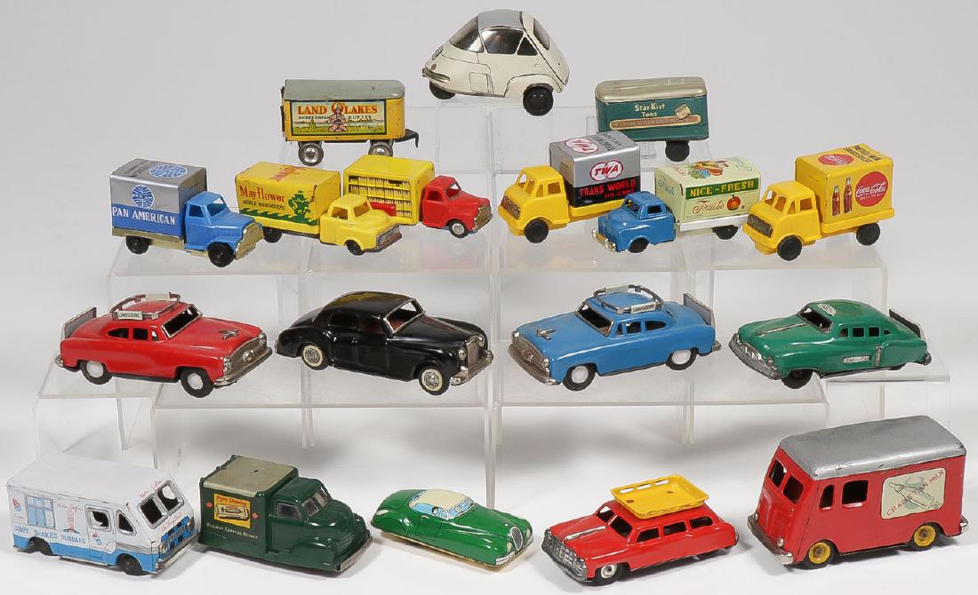 16 VINTAGE CARS & TRUCKS INCL. AIRPORT VEHICLES: 16 VINTAGE CARS & TRUCKS INCLUDING AIRPORT VEHICLES, SOME 1950'S. Comprising three Japanese tin friction Airport Limos, a tin friction Rolls Royce Sedan, a tin friction Velam Isetta missing rear w