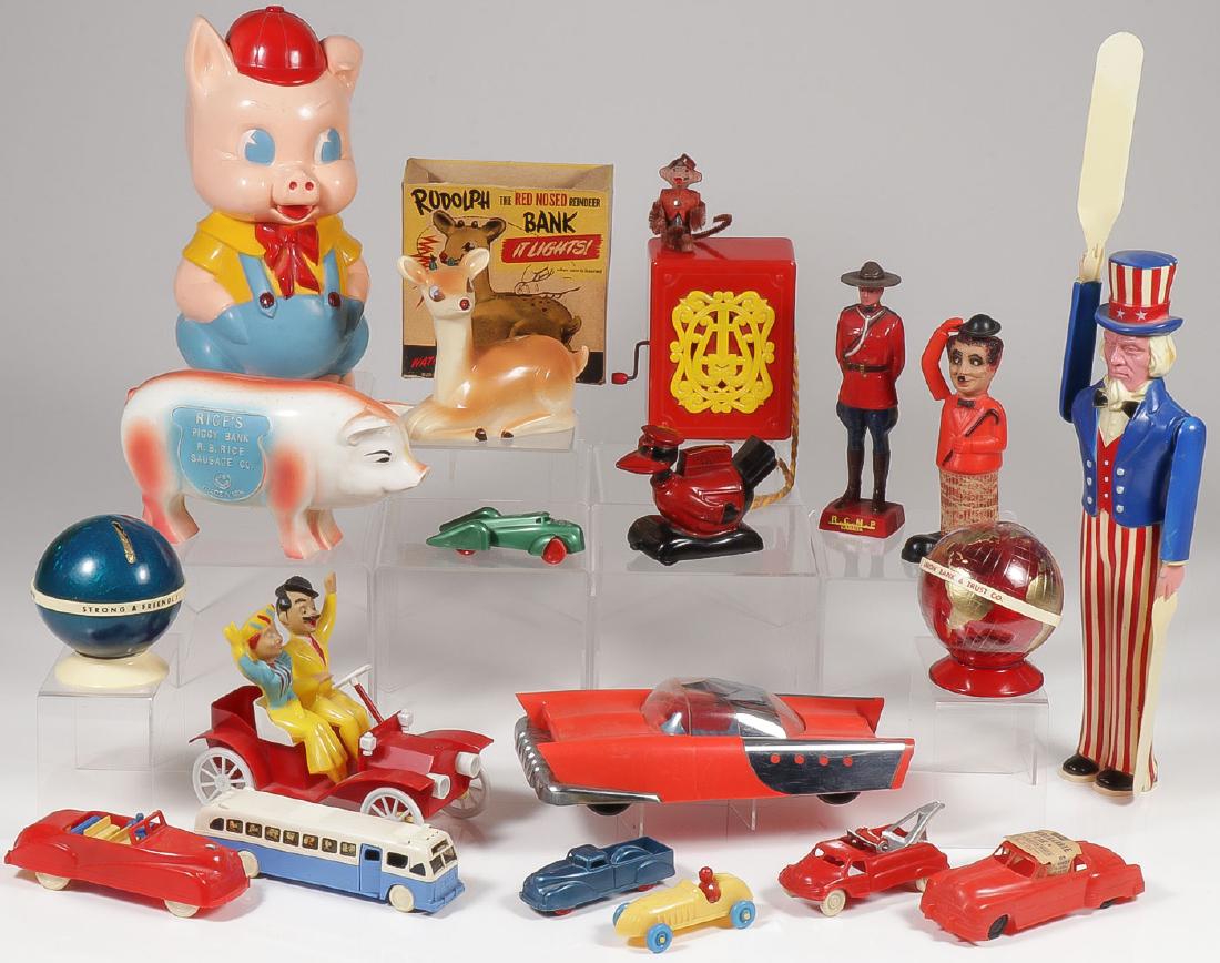 19 VINTAGE PLASTIC TOYS, MOSTLY 1950’S: 19 VINTAGE PLASTIC TOYS, MOSTLY 1950'S. Comprising a Mattel friction plastic and chrome "Dream Car," length 10.5 inches, an Ideal plastic piggy bank, height 11.5 inches, a plastic Uncle Sa
