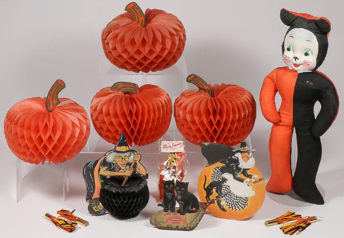 VINTAGE HALLOWEEN AND OTHER EPHEMERA: VINTAGE HALLOWEEN AND OTHER EPHEMERA, C. 1920-1960. Comprising a vast amount of material related primarily to Halloween including a great embossed die cut Halloween cat, jointed paper lithograph H