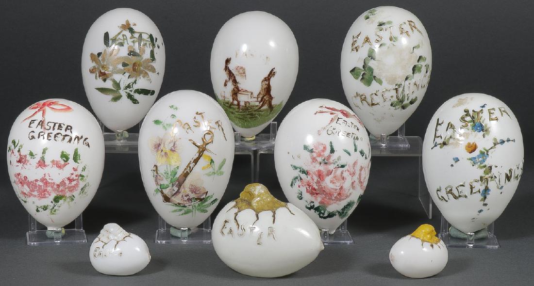 10 VICTORIAN MILKGLASS EASTER EGGS: 10 VICTORIAN MILKGLASS EASTER EGGS. Comprising a good offering of mostly large examples and including six embossed examples, three depicting chicks emerging from egg marked "Easter," of those