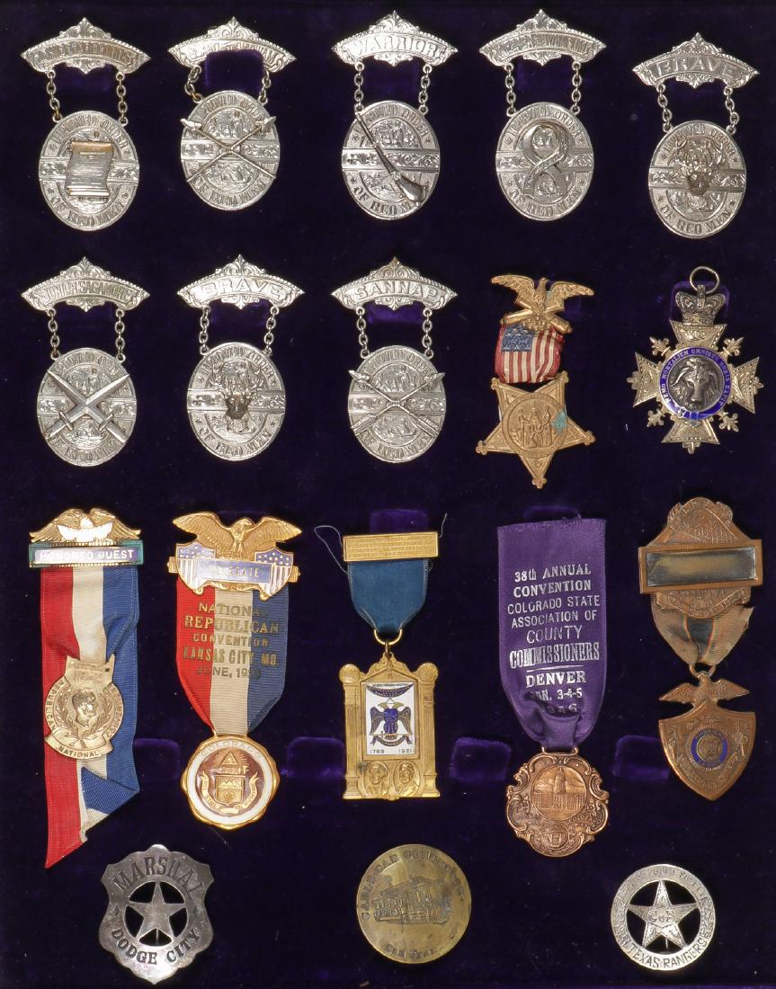 A SCARCE FRATERNAL ORDER SALESMAN’S SAMPLE SET: A SCARCE FRATERNAL ORDER SALESMAN'S SAMPLE SET & MORE. Comprising a silk and velvet lined carrying case depicting eight sample rank badges for the fraternal order of the Improved Order of The Red