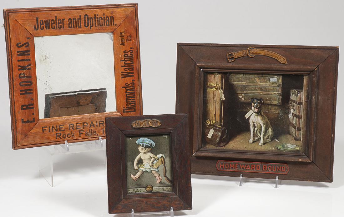 VINTAGE FRAMED ADVERTISING & OTHER: VINTAGE FRAMED ADVERTISING & OTHER. Comprising an embossed mirror for E.R. Hopkins, Jeweler and Optician, Rock Falls, IL, a homeward Bound Art Print, and a little "Oddfellow" framed piece. Gre