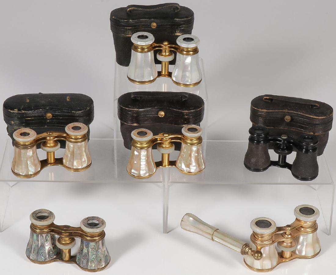 SIX CASED OPERA GLASSES: SIX CASED OPERA GLASSES. Both French and German examples, five with mother-of-pearl veneer, one with swivel handle. Including examples by O. Obenaus, Emile Busch, Germany, Bertier, Paris, Maas