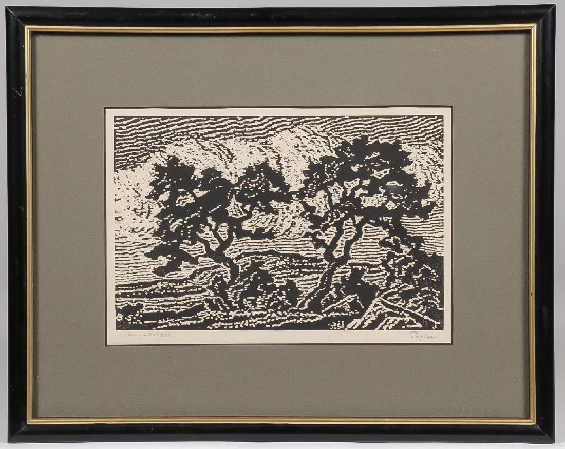 ORIGINAL BIRGER SANDZEN (1871-1954) SIGNED PRINT: AN ORIGINAL BIRGER SANDZEN (1871-1954) PENCIL SIGNED WOODBLOCK PRINT. Titled Poplars, signed in pencil lower left and titled lower right. 6 inches x 9 inches. Provenance: From the lifet