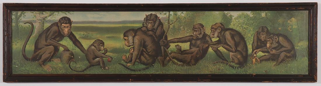 A RARE VINTAGE YARD LONG FRAMED PRINT: A RARE VINTAGE YARD LONG FRAMED PRINT. Comprising a colorful lithograph print of a monkey family in The Savanna, dated 1910, contained in the likely original glazed frame. Overall dimensions including