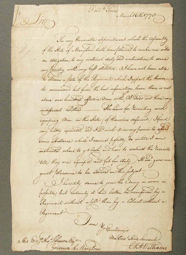 REVOLUTIONARY WAR COLONEL'S MANUSCRIPT (LATER BRI: REVOLUTIONARY WAR COLONEL'S MANUSCRIPT (LATER BRIGADE GENERAL) dated March 16, 1778. A beautiful hand written letter by Otho Holland Williams (1749-1800) addressed to Thomas Johnson, governor of Maryl