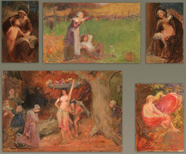 ATTRIBUTED TO DOUGLAS VOLK (American 1856-1935),: ATTRIBUTED TO DOUGLAS VOLK (American 1856-1935), A group of five paintings including: "St. Joseph and the Christ Child", 4.5" x 2.8", inscribed on verso "Estate of D. Volk"; "Harvest Respite", 4.5" x