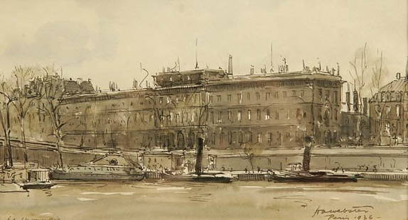 HERMAN ARMOUR WEBSTER (American 1878-1970) "The: HERMAN ARMOUR WEBSTER (American 1878-1970) "The Mint, Paris" 1936. Watercolor on paper. Signed lower right and dated Paris 1936. 5.5 inches x 10 inches. Estimate $100-$200