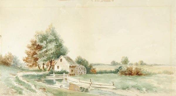 FRENCH PAINTINGS; 19th century; a group of 3 incl: FRENCH PAINTINGS; 19th century; a group of 3 including a pastoral watercolor with cows; signed A. Matthews; 10 inches x 20.5 inches; together with a pastoral landscape with mill watercolor signed DeLa