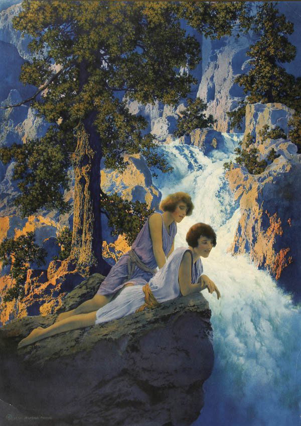 A PAIR OF PRINTS by Maxfield Parrish 'Day Break': A PAIR OF PRINTS by Maxfield Parrish 'Day Break' and 'Waterfalls'. 16-7/8 inches x 29-7/8 inches and 20.75 inches x 14-7/8 inches. Unframed. Estimate $200-$300