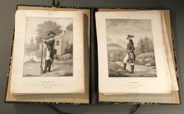 IMPERIAL RUSSIAN MILITARY PRINTS 19th century. A: IMPERIAL RUSSIAN MILITARY PRINTS 19th century. A folio of 85 lithograph prints depicting the various military uniforms, accoutrements and units from the period Czar Paul I. The marbled folio cover wit
