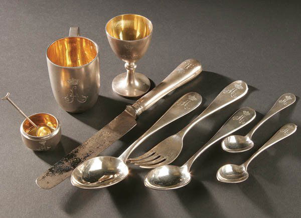 A GROUP OF IMPERIAL RUSSIAN SILVER, GRACHEV, St.: A GROUP OF IMPERIAL RUSSIAN SILVER, GRACHEV, St. Petersburg 1899-1908. Ten pieces of silver flatware and utensils each engraved with the Imperial Cypher of an "A" beneath a crown for Empress Alexandra
