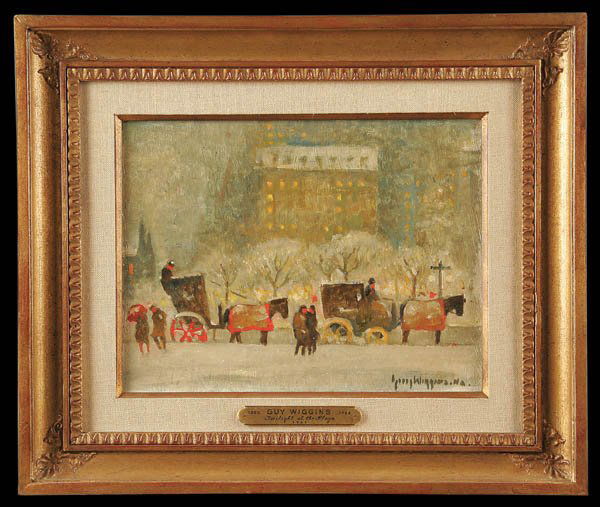 GUY CARLETON WIGGINS (American 1883-1962) Twiligh: GUY CARLETON WIGGINS (American 1883-1962) Twilight at the Plaza - 1961 Oil on board Signed lower right and signed; titled and dated on verso 9 inches x 12 inches Estimate $12;000-$18;000 Provenance: G