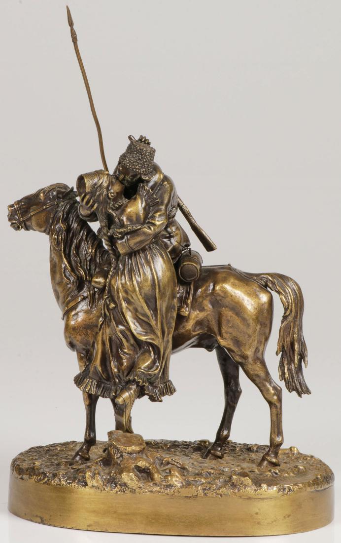 RUSSIAN BRONZE FAREWELL KISS, GRACHEV, 19TH C: VASILY Y. GRACHEV (Russian 1831-1905)The Farewell Kiss BronzeSigned on base in Cyrillic and with C.F. WOERFFEL foundry mark.Height 12.75 inches, width 9 inches (30 x 23 cm). SHIPP