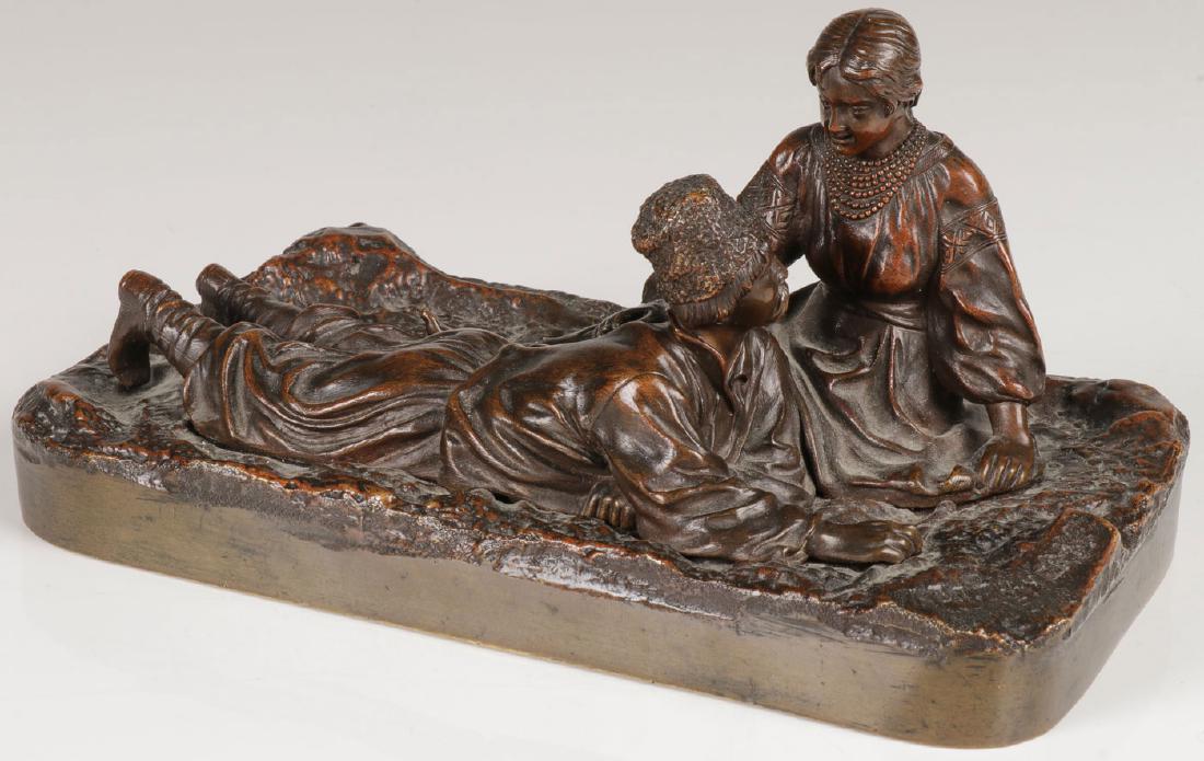 RUSSIAN BRONZE COSSACK LOVERS, GRACHEV, 19TH C: VASILY GRACHEV (Russian 1831-1905)Cossak Lovers Bronze with brown patinaIncised on base in Cyrillic "Sculptor Grachev" and also with foundry stamp "Fabr. C.F.Woerffel St. Petersbourg." Length 7.6 inc