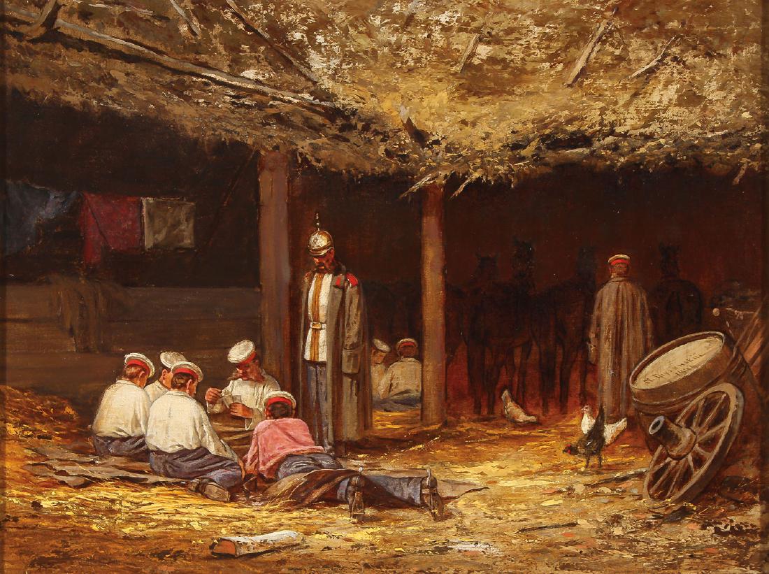 GREAT RUSSIAN MILITARY PAINTING, DATED 1874: PETR NIKOLAEVICH GRUZINSKY (Russian 1837-1892) Imperial Russian Horse Guard Soldiers Playing Cards - 1874 Oil on canvas Signed in Cyrillic on top of barrel at mid-right "P. Gruzinsky" and dated 1874 1