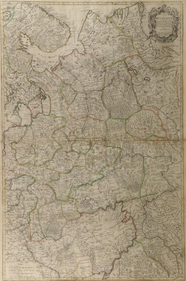 LARGE HAND COLORED MAP OF RUSSIA, 1712: A RARE COMPLETE LARGE HAND COLORED MAP OF RUSSIA (MOSCOVY), JOHN SENEX 1712. Comprising a large and impressive double-page engraved map with hand colored borders depicting cities, villages, rivers an