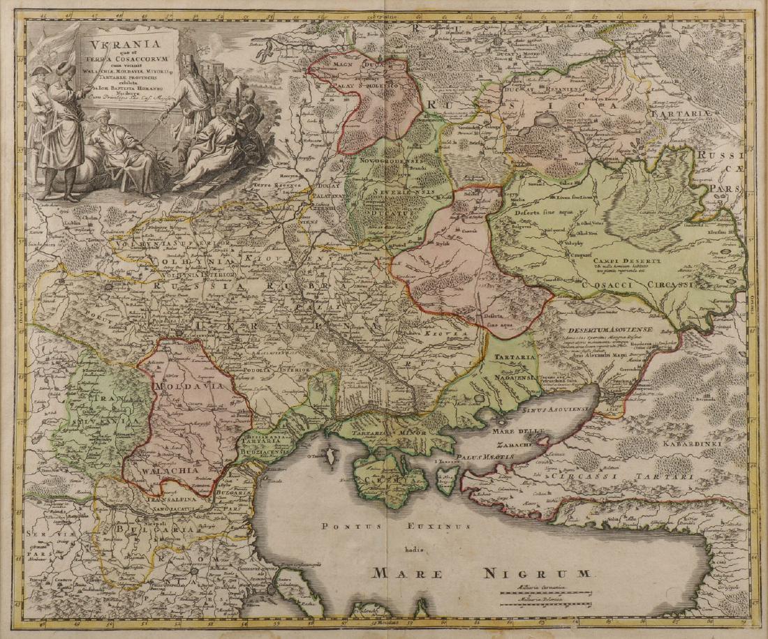 MAP OF UKRAINE & SURROUND, J. HOMANN, C 1720: HAND COLORED ENGRAVED MAP OF UKRAINE AND SURROUNDS, JOHN HOMANN C. 1720. UKRANIA QUAE ET TERRA COSACCORUM CUM VICINIS WALACHIAE, MOLDAVIAE, MINORISQ., TARTARIAE...by Johann Baptist Homann (1664 - 1724