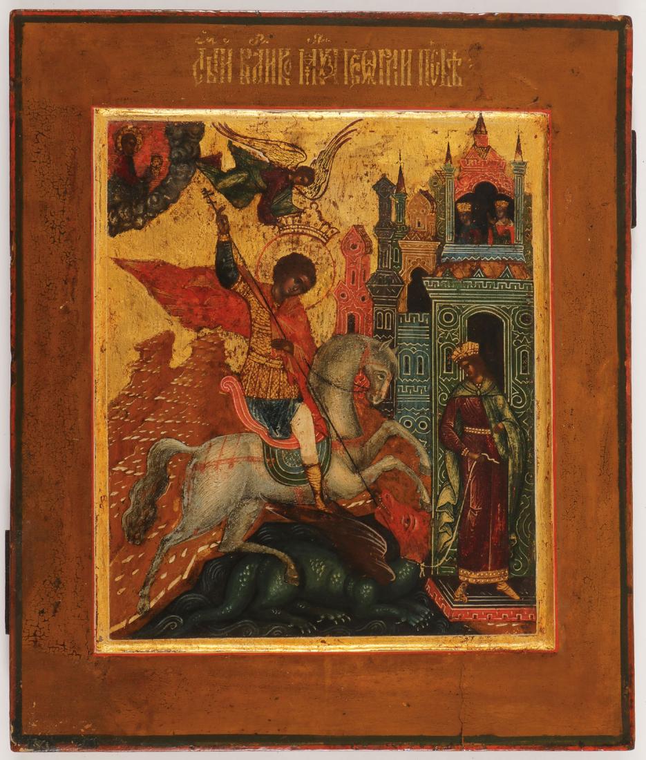 A FINE RUSSIAN ICON OF ST GEORGE, PALEKH, 19TH C: A FINE RUSSIAN ICON OF ST GEORGE, PALEKH, 19TH CENTURY. A finely painted traditional depiction of Saint George atop a white stallion wearing Roman armor as he thrusts his lance in the dragon beneath