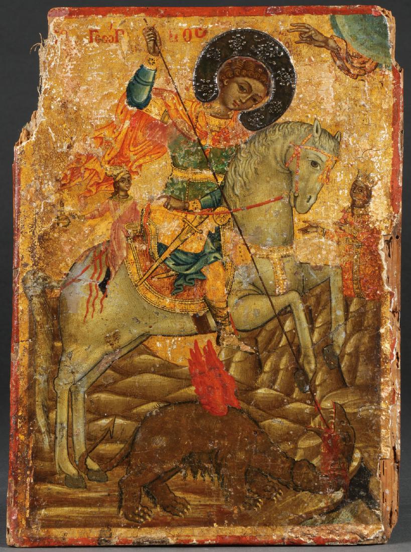 A GREEK ICON OF SAINT GEORGE, 18TH CENTURY: A GREEK ICON OF SAINT GEORGE, 18TH CENTURY. A finely painted icon of a traditional depiction of Saint George atop a white steed as he thrusts his lance into the dragon beneath him, the princess Eliza