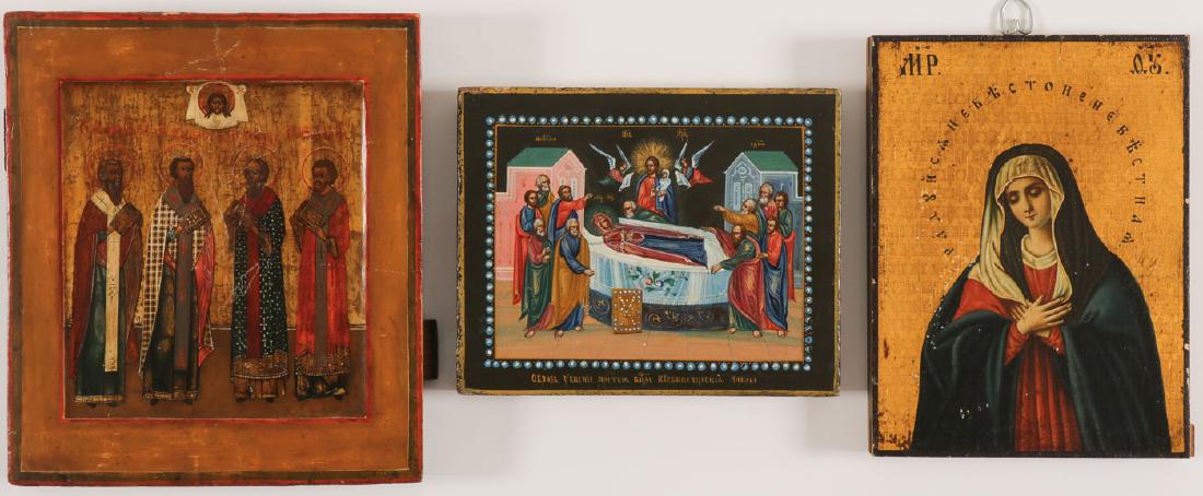 THREE RUSSIAN ICONS, 19TH CENTURY: THREE RUSSIAN ICONS, 19TH CENTURY. Comprising an icon with four Bishop Saints beneath the Holy Visage, including Saints Stephan, Vasily, Gregory, and John Chrysostom, 8.5 inches x 7.5 inches (22 x 19 