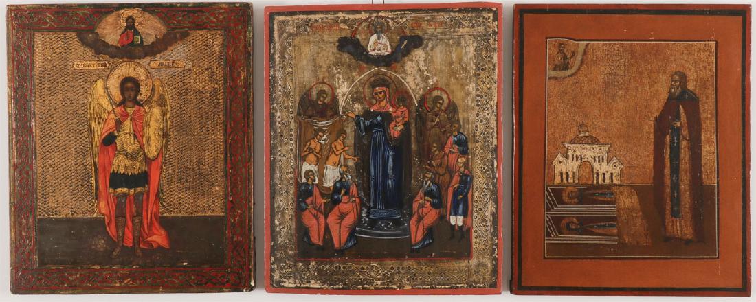 THREE RUSSIAN ICONS: THREE RUSSIAN ICONS. Comprising an icon of the Archangel Michael, probably Palekh, circa 1890, 12.25 inches x 10.5 inches (31 x 27 cm), together with an icon of the Mother of God Joy to All Who Sorrow