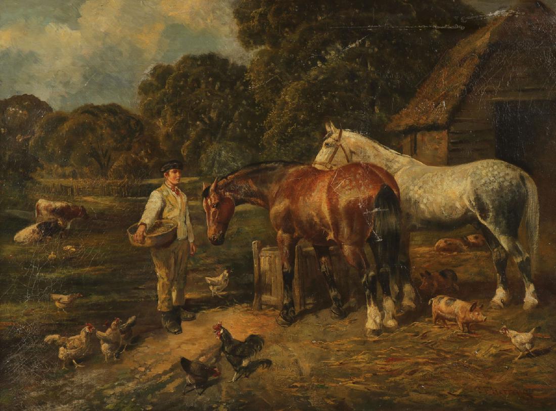 J.F. HERRING JR. HORSE PAINTING: Attributed to JOHN FREDERICK HERRING JR. (British 1815-1907) A Farmyard Scene with Horses, Pigs and Poultry Oil on canvas Signed lower right J.F. Herring 18 inches x 24 inches (46 x 61 cm) <
