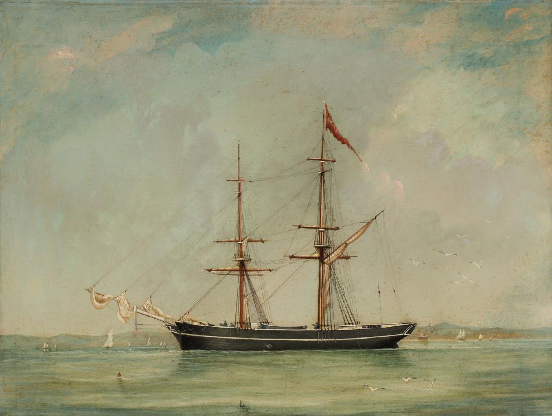 SHIP PORTRAIT CIRCLE OF ANTONIO JACOBSEN: Circle of ANTONIO JACOBSEN (Danish/American 1850-1921)The Two-Masted Schooner Speck circa 1890Oil on boardApparently unsigned14.75 inches x 19.5 inchesContained in a black painted frame with