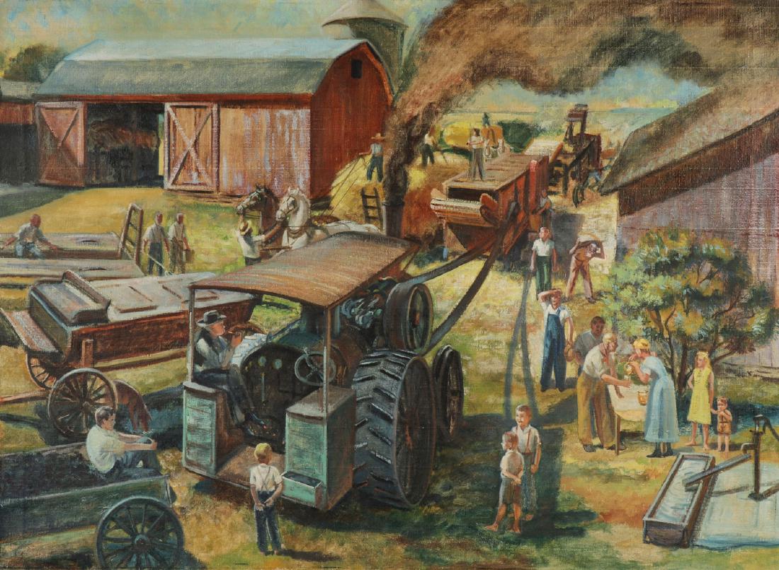 LARGE PAINTING ATTRIBUTED TO JOHN STEUART CURRY: Attributed to JOHN STEUART CURRY (American 1897-1946)A Farmyard Thrashing Scene - 1944Oil on CanvasSigned and dated lower right30 inches x 41 inchesProvenance: Acco