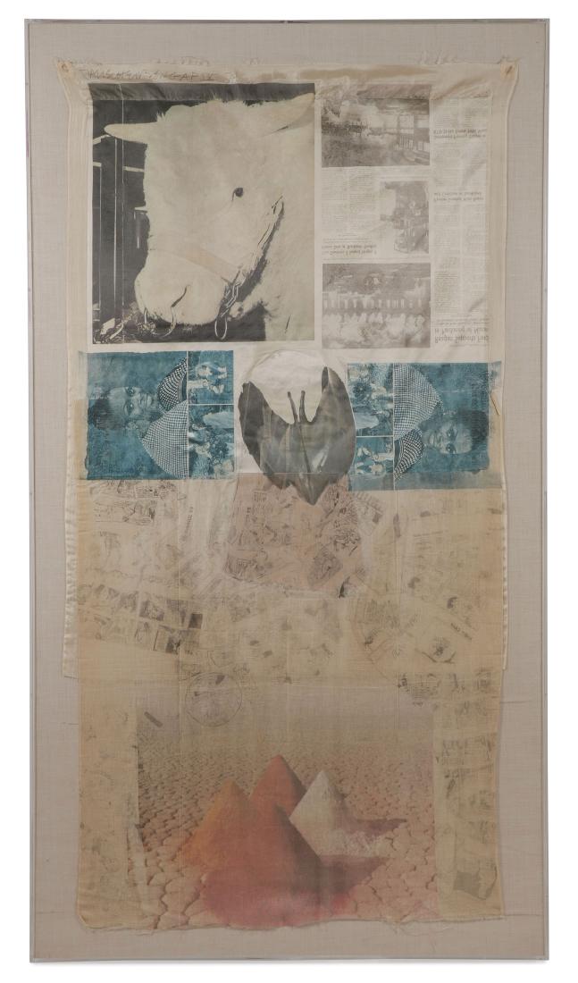LARGE ORIGINAL ROBERT RAUSCHENBERG 1974: ROBERT RAUSCHENBERG (American 1925-2008)Ringer - 1974Offset lithograph and screen-print in colors transferred to collage of paper bag, cheesecloth, China silk, silk, and satinSigned upper left and in